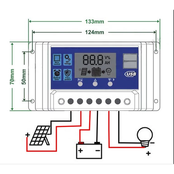 PWM Napelem töltésvezérlő 12/24V - 20A/60A - 390W/780W 